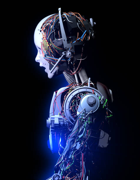 Confused Headed Cyborg Human face cyborg is talking about something. robot head stock pictures, royalty-free photos & images