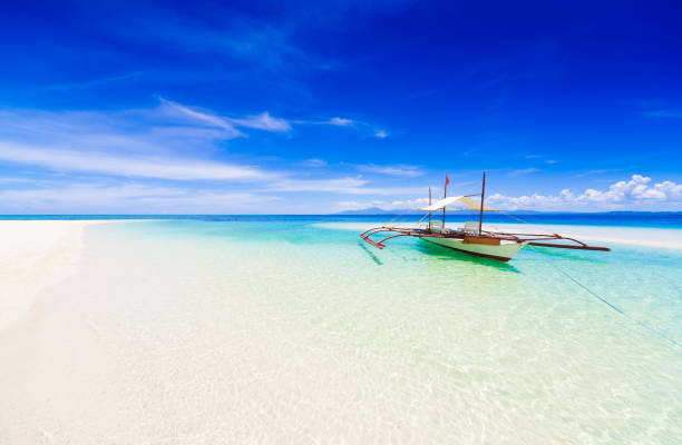 Philippines,  tropical sea boat day Beautiful amazing nature background. Tropical blue sun sea in Philippines. Luxury holiday resort. Island atoll about coral reef. Fresh freedom. Adventure day. Snorkel. Coconut paradise. Wooden boat. bohol photos stock pictures, royalty-free photos & images