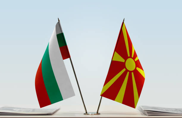 Flags of Bulgaria and Macedonia FYROM Two table flags of Bulgaria and Macedonia FYROM north macedonia stock pictures, royalty-free photos & images