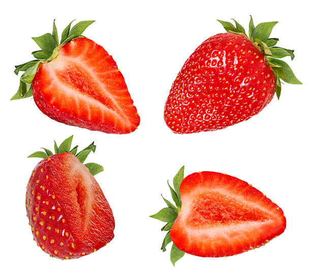 strawberries isolated on white background with clipping path - traçado de recorte imagens e fotografias de stock