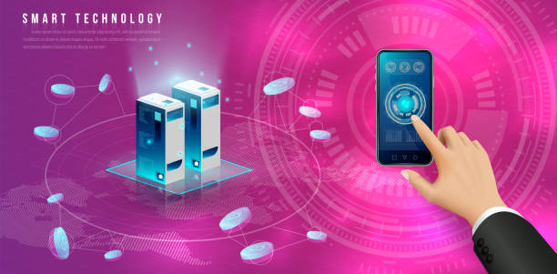istock Concept of big data processing, energy station of future, data center, Cryptocurrency and blockchain isometric composition Smart object and smart technology design. for working on blockchain start up. 1085732824