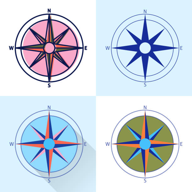 Compass rose icon set in flat and line styles Compass rose icon set in flat and line styles. Wind rose isolated. Marine ship equipment colorful illustration. journey patterns stock illustrations