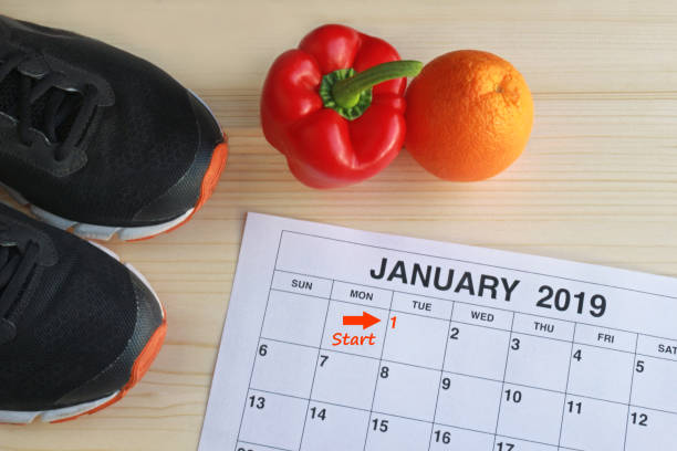 2019 年 1 月開始の新しい健康的な生活 - dieting planning calendar event ストックフォトと画像