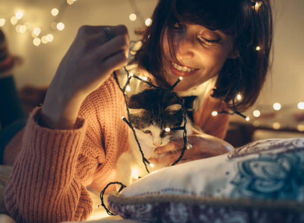 Woman lying on the bed with cat and wrapped in christmas lights
