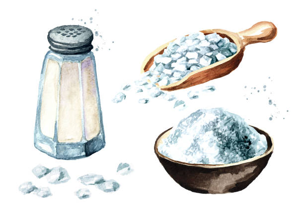 Salt set. Watercolor hand drawn illustration, isolated on white background Salt set. Watercolor hand drawn illustration, isolated on white background salt pile stock illustrations