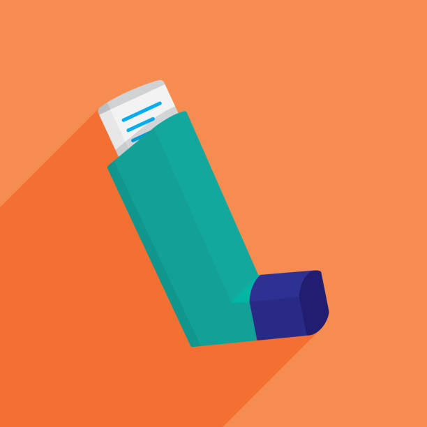 Asthma Inhaler Icon Flat Vector illustration of an asthma inhaler against an orange background in flat style. asthma inhaler stock illustrations