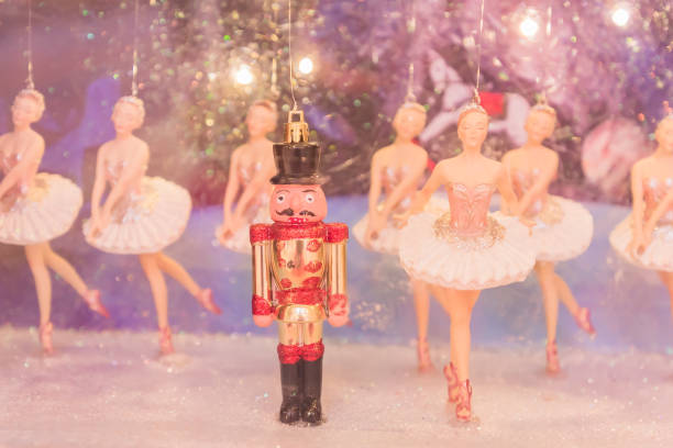 Christmas nutcracker toy soldier and balerina dolls on the stage. Famous Russian Ballet installation. Christmas nutcracker toy soldier and balerina dolls on the stage. Famous Russian Ballet installation. nutcracker photos stock pictures, royalty-free photos & images