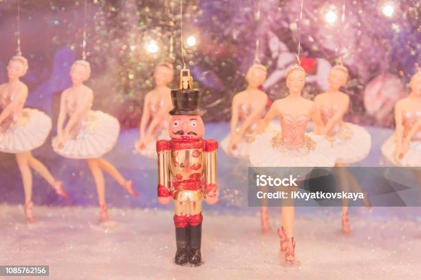 Christmas Nutcracker Toy Soldier And Balerina Dolls On The Stage Famous Russian Ballet Installation Stock Photo - Download Image Now