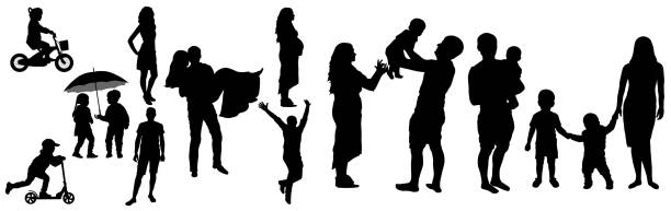 Lifetime of man and woman with childhood to adult (family life) silhouette, vector illustration.Childhood, appointment, then wedding day,  then pregnancy, then children and happy large family Lifetime of man and woman with childhood to adult (family life) silhouette, vector illustration.Childhood, appointment, then wedding day,  then pregnancy, then children and happy large family wedding silhouettes stock illustrations