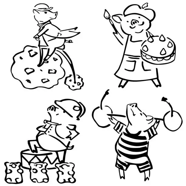 Vector illustration of cute vector funny set costumed funny pigs