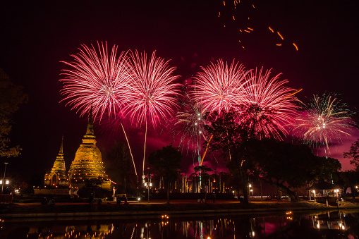 Fire works at Sukhothai Province in the north of Thailand during Loy Kratong Light and Candle Festival