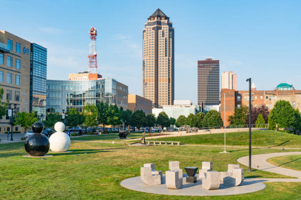 DES MOINES, IOWA - JULY 11, 2018: Des Moines, Iowa Skyline from the Pappajohn Sculpture Park