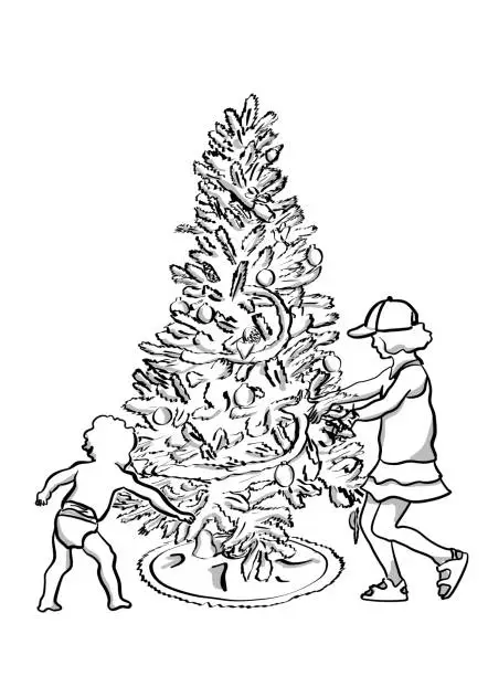 Vector illustration of Kids Playing With The Christmas Tree