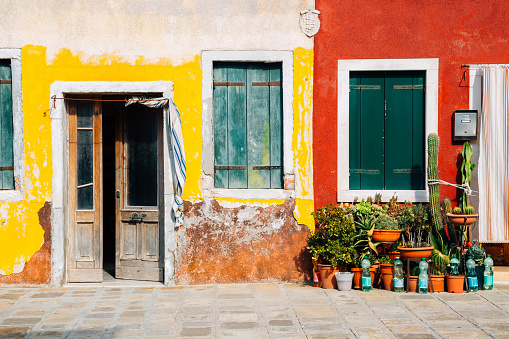 Vintage style colorful building in Burano island, Venice, Italy