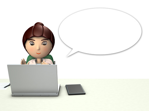 Business woman character in front of laptop computer. She explains something.  3D illustration