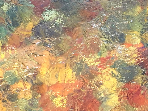 river water swirling above colorful stones, abstract nature movement