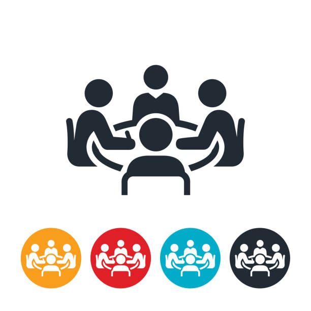 Conference Room Meeting Icon An icon of a conference room meeting. Four business people sit around a conference table as part of the meeting. business meeting stock illustrations
