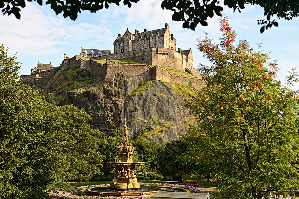 Photo of Edinburgh Castle, Scotland, from Princes Street Gardens, with Ross Fountain