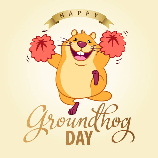 Groundhog Day Party Invitation An invitation to the party of Groundhot Day, and marmot dancing cheerfully pep rally stock illustrations