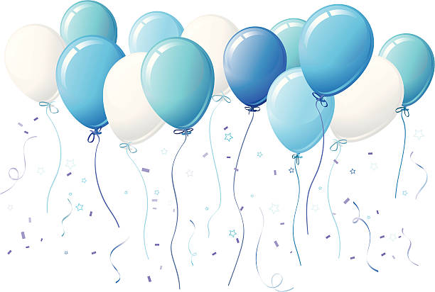 illustrations, cliparts, dessins animés et icônes de blue fête ballons avec des étoiles et des confettis - confetti balloon white background isolated