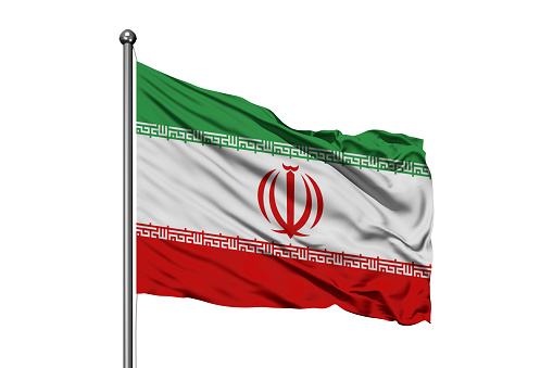 Flag of Iran waving in the wind, isolated white background. Iranian flag.