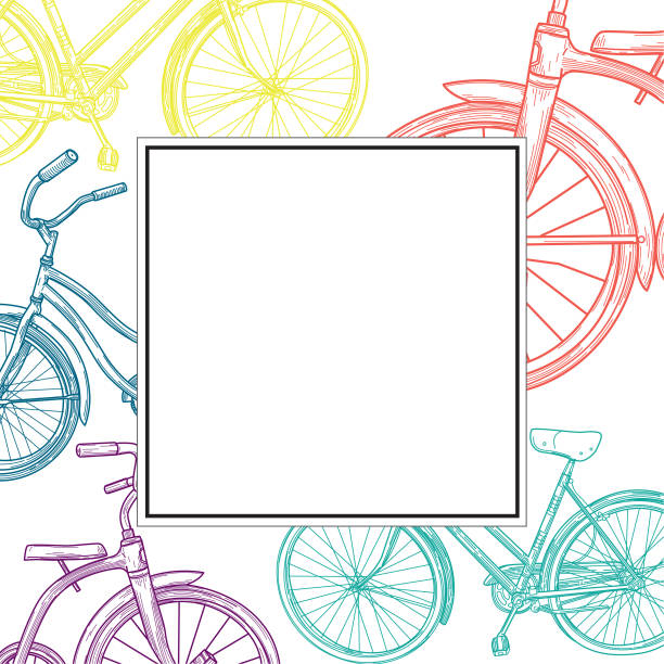 Vintage Line Art Bike Ad Template and Frame A simple frame with vintage looking line art bicycles, suitable for an ad template or promotion. cycling borders stock illustrations