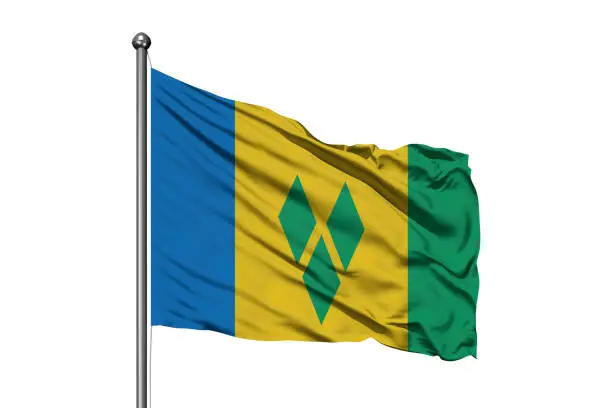 Flag of Saint Vincent and the Grenadines waving in the wind, isolated white background.