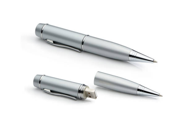 istock Silver metal pen transformer: pen and USB flash. 1085884622