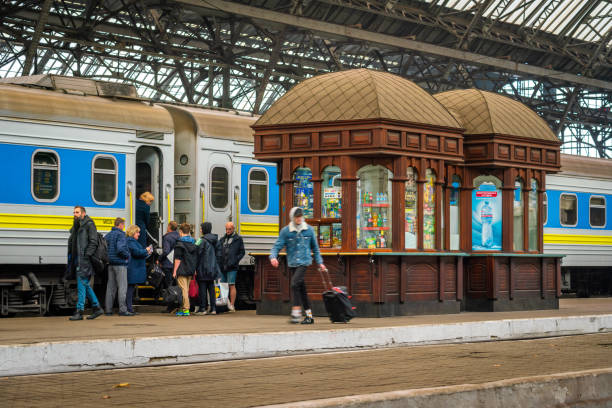 Lviv, Ukraine - November 4, 2018:   view showing passengers in train station of Lviv