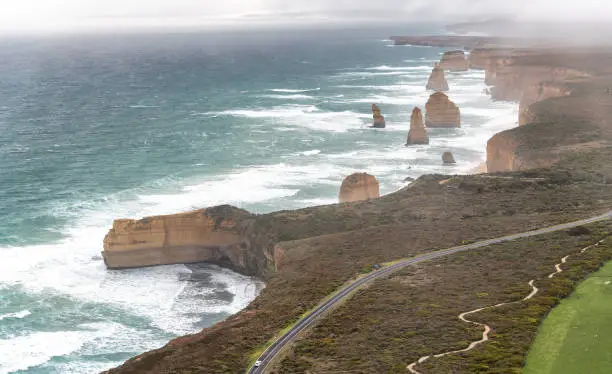Aerial view of Twelve Apostles on a rainy day, Australia.