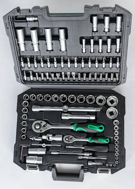 istock Set of tools in box isolated on white. Auto wrenches. 1085903676