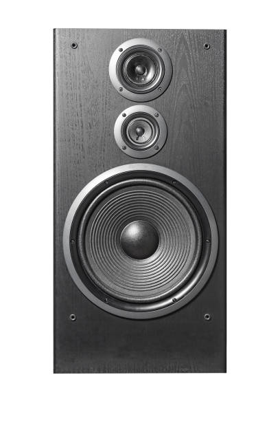 Hifi black loud speaker box in close up.Professional audio equipment stock photo