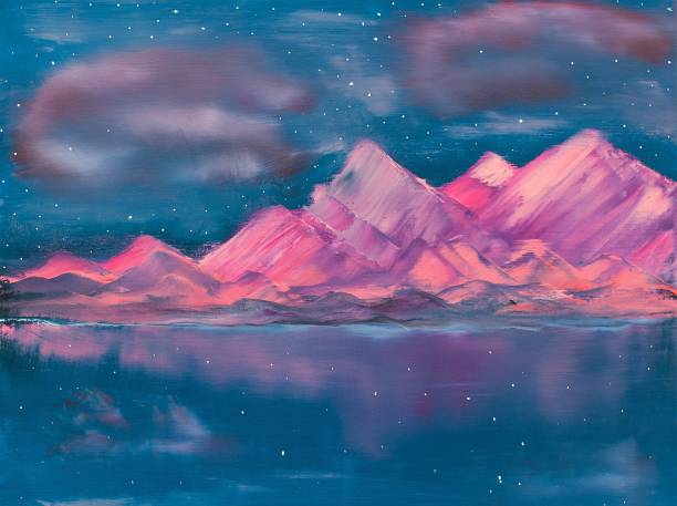 illustrations, cliparts, dessins animés et icônes de rose des montagnes sur le lac contemporary art peinture - backgrounds canvas cold color image