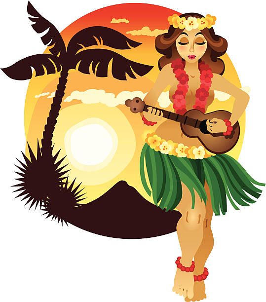 Ukulele Sunset Hula A beautiful native girl dances the hula and strums an ukulele at sunset. grass skirt stock illustrations