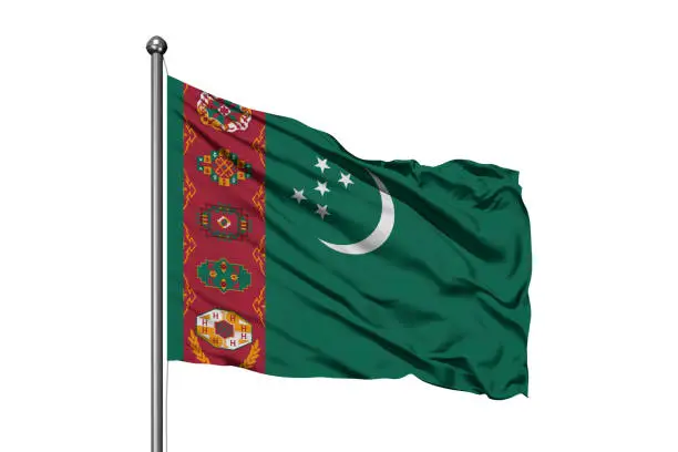 Photo of Flag of Turkmenistan waving in the wind, isolated white background. Turkmen flag.