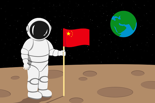 Chinese astronaut lending on moon and hold flag of China in his hand. Vector illustration.