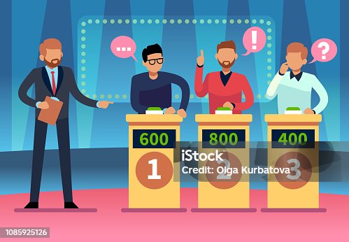 istock Game quiz show. Clever young people playing television quiz with showman, trivia game tv competition. Cartoon design 1085925126