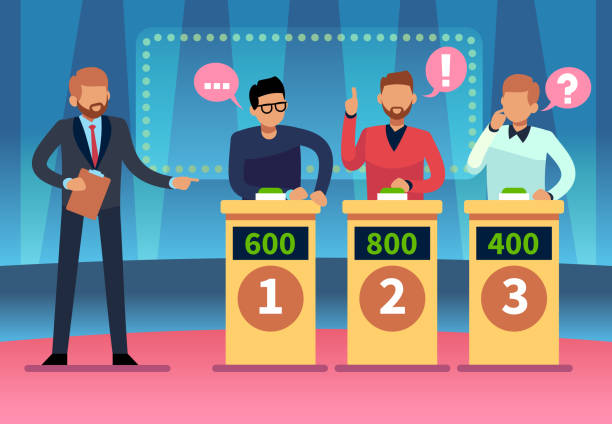 Game quiz show. Clever young people playing television quiz with showman, trivia game tv competition. Cartoon design Game quiz show. Clever young people playing television quiz with showman, trivia game tv competition. Cartoon vector illustration trivia stock illustrations