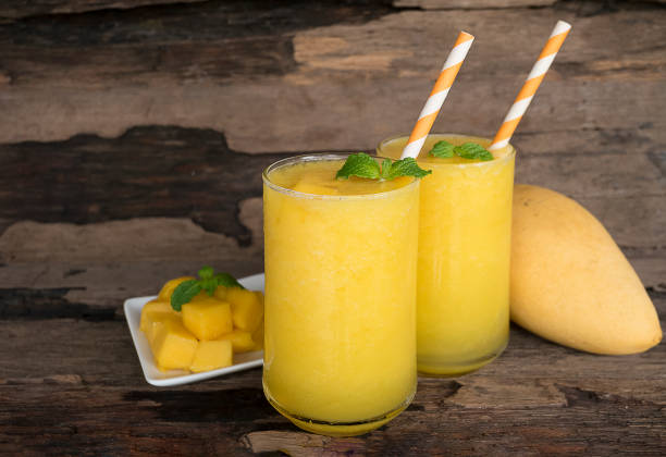 istock Mango smoothies yellow colorful fruit juice milkshake blend beverage healthy high protein the taste yummy In glass drink to lose weight drink episode morning on a wooden background. 1085928010