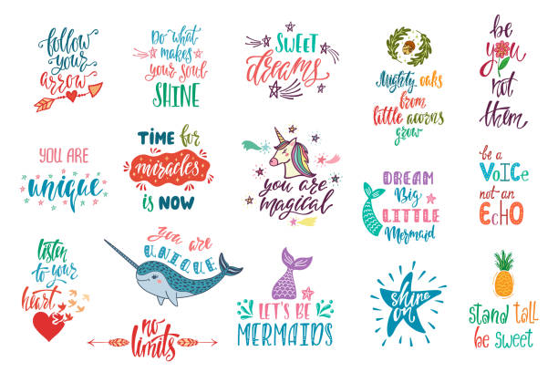 Set of positive inspirational quotes. Magical calligraphy hand drawn phrases about mermaid, narwhal, unicorn, dreams. Set of positive inspirational quotes. Magical calligraphy hand drawn phrases about mermaid, narwhal, unicorn, dreams. Vector lettering for print, tshirt, poster. Typography design. inspiration clipart stock illustrations