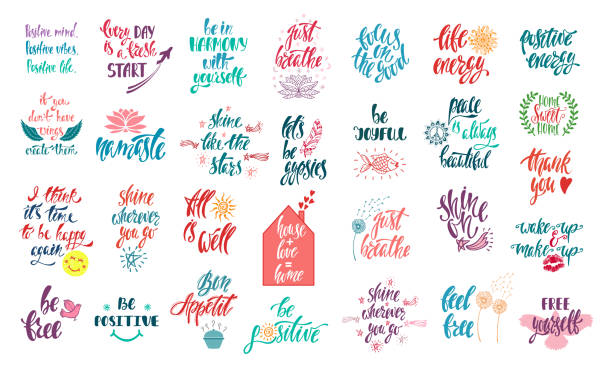 illustrazioni stock, clip art, cartoni animati e icone di tendenza di set di citazioni di ispirazione positive con elementi di schizzo. frasi moderne disegnate a mano in calligrafia. lettering vettoriale per stampa, maglietta, poster. - love word