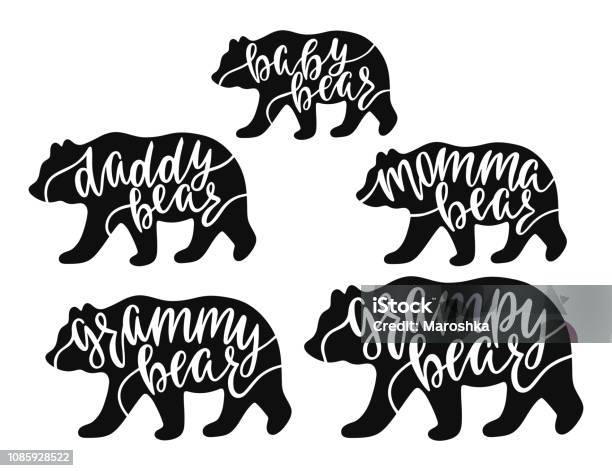 Momma Daddy Grampy Grammy Baby Bear Hand Drawn Typography Phrases With Bear Silhouettes Family Collection Vector Illustration Stock Illustration - Download Image Now