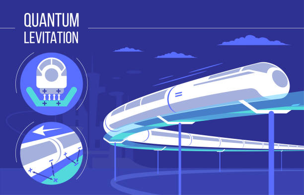 futuristische quantum levitation hochgeschwindigkeitszug. vektor-illustration. zukünftige express eisenbahn und transport-design-konzept. - urban scene railroad track train futuristic stock-grafiken, -clipart, -cartoons und -symbole