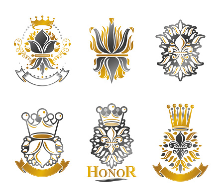 Lilie Blumen Königliche Symbole Blumen Und Kronen Setzen Embleme ...