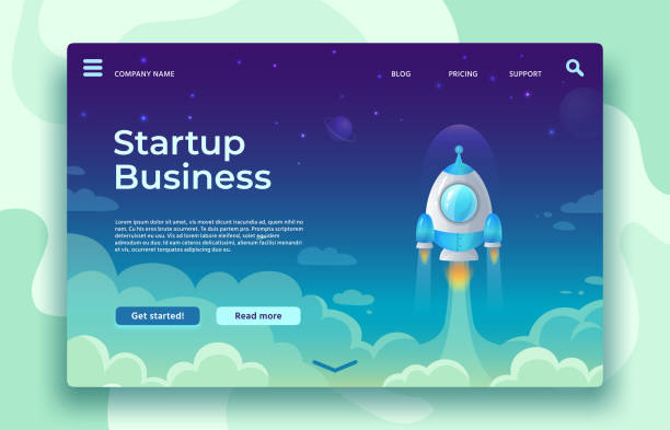 Startup launch landing page. Rocket launch, easy business start and futuristic space travel vector concept illustration Startup launch landing page. Rocket launch, easy business start and futuristic space travel. Creative mobile app or website strategy idea development vector concept illustration website infographics stock illustrations