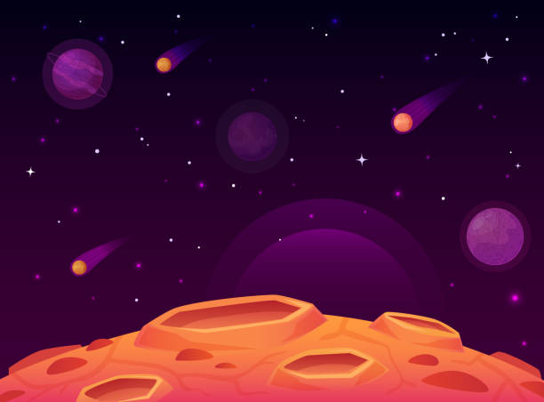 ilustrações, clipart, desenhos animados e ícones de superfície de asteroides do espaço. planeta com superfície de crateras, planetas espaço paisagem e desenho animado de cratera de cometa ilustração do vetor - burning down
