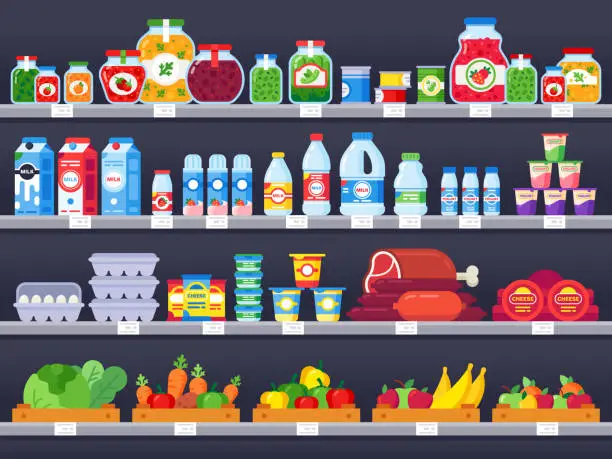 Vector illustration of Food products on shop shelf. Supermarket shopping shelves, food store showcase and choice packed meal products sale vector illustration