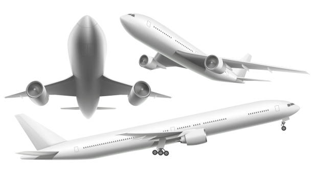 realistyczne samoloty. samolot pasażerski, samolot latający na niebie i samolot w różnych widokach izolowana ilustracja wektorowa - fuselage stock illustrations