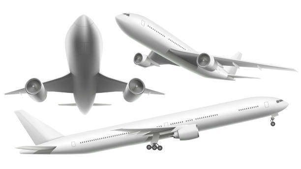 Realistic aircraft. Passenger plane, sky flying aeroplane and airplane in different views isolated vector illustration Realistic aircraft. Passenger plane, sky flying aeroplane and airplane in different views. 3d planes transport or landing airliner aerial isolated icons vector illustration plane stock illustrations