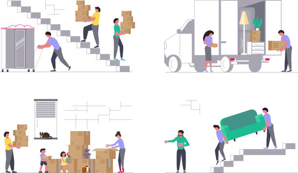 ilustraciones, imágenes clip art, dibujos animados e iconos de stock de conjunto de conceptos para la compañía móvil - moving house physical activity moving van box